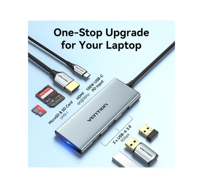 Концентратор Vention USB 3.1 Type-C to HDMI/USB 3.0x3/SD/TF/PD 100W 7-in-1 (TOPHB)