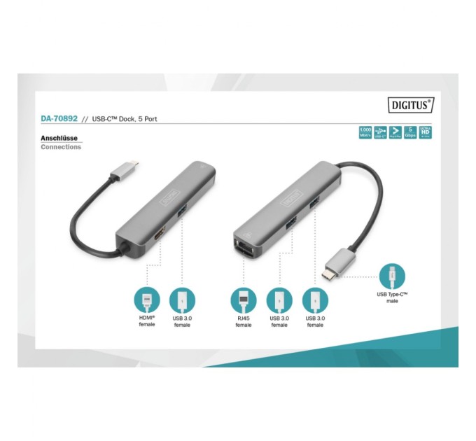 Концентратор Digitus USB-C 5 Port (DA-70892)