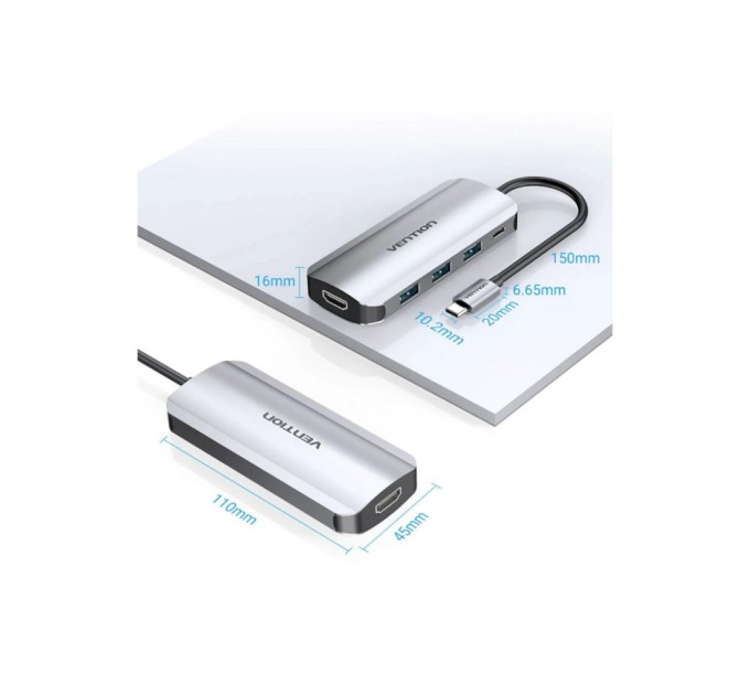 Концентратор Vention USB 3.1 Type-C to HDM/USB 3.0х3//PD 100W 5-in-1 (THFHB)