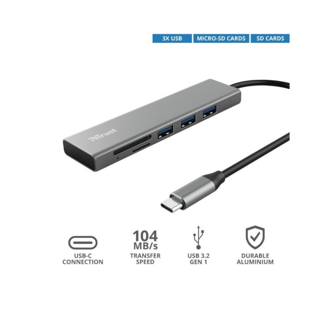 Концентратор Trust HALYX FAST 3USB+CARD READER USB-C ALUMINIUM (24191_TRUST)