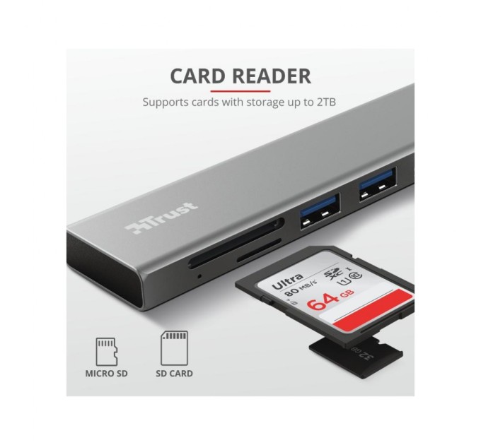 Концентратор Trust HALYX FAST 3USB+CARD READER USB-C ALUMINIUM (24191_TRUST)