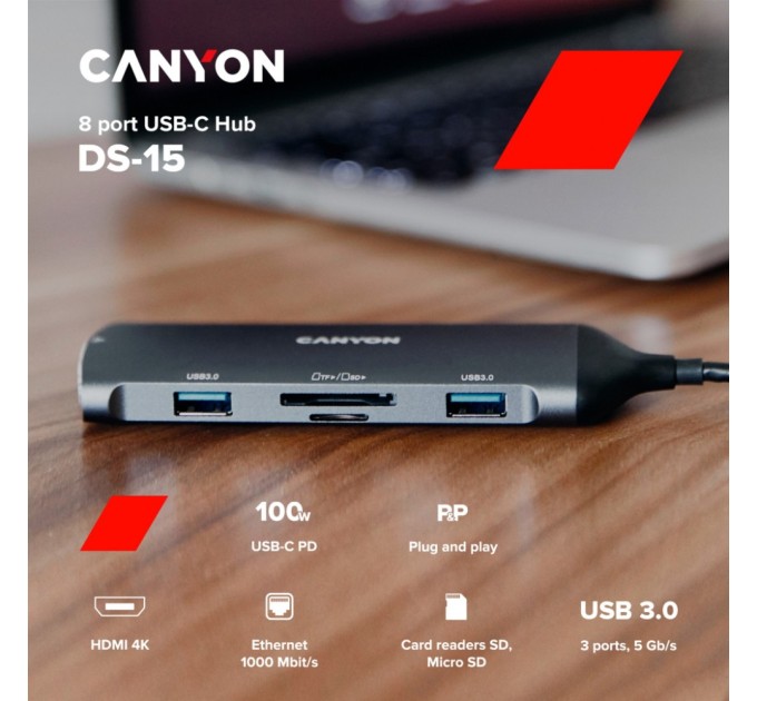 Концентратор Canyon 8-in-1 USB-C (CNS-TDS15)