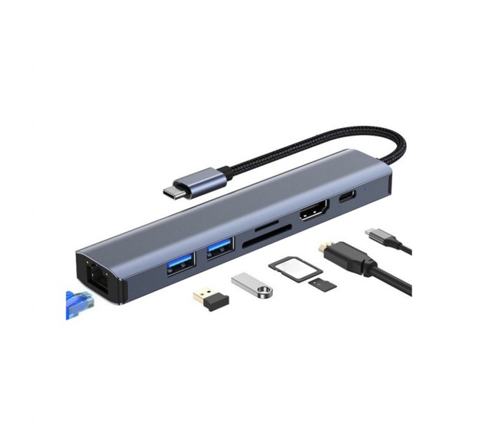 Концентратор Dynamode 7-in-1 USB-C to HDTV 4K/30Hz, 2хUSB3.0, RJ45, USB-C PD 100W, SD/MicroSD (BYL-2303)