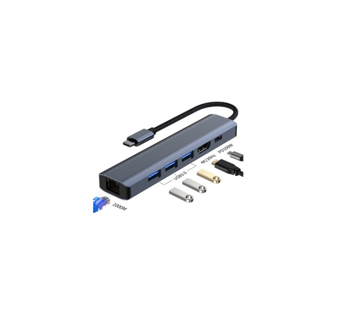 Концентратор Dynamode 7-in-1 USB-C to HDTV 4K/30Hz, 2хUSB3.0, RJ45, USB-C PD 100W, SD/MicroSD (BYL-2303)