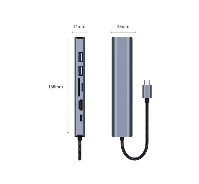 Концентратор Dynamode 7-in-1 USB-C to HDTV 4K/30Hz, 2хUSB3.0, RJ45, USB-C PD 100W, SD/MicroSD (BYL-2303)