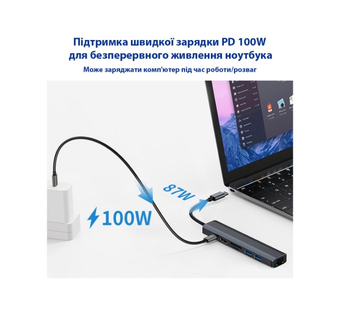 Концентратор Dynamode 7-in-1 USB-C to HDTV 4K/30Hz, 2хUSB3.0, RJ45, USB-C PD 100W, SD/MicroSD (BYL-2303)