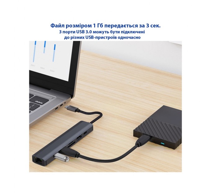 Концентратор Dynamode 7-in-1 USB-C to HDTV 4K/30Hz, 2хUSB3.0, RJ45, USB-C PD 100W, SD/MicroSD (BYL-2303)