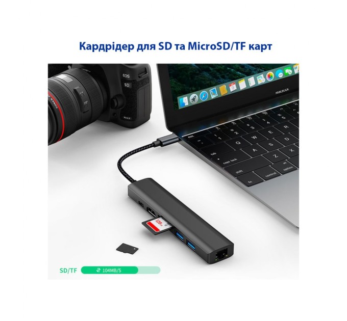 Концентратор Dynamode 7-in-1 USB-C to HDTV 4K/30Hz, 2хUSB3.0, RJ45, USB-C PD 100W, SD/MicroSD (BYL-2303)