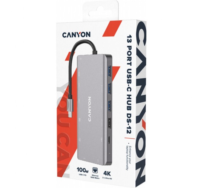 Порт-реплікатор Canyon DS-12, 13 in 1 USB-C hub, 2*HDMI, Gigabit Ethernet, VGA, 3*USB3.0, PD/100W, 3.5mm audio jack (CNS-TDS12)