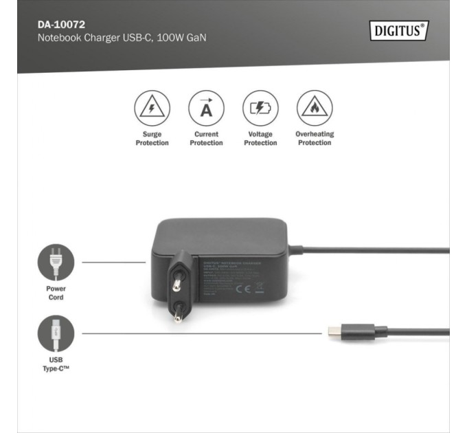 Блок живлення до ноутбуку Digitus 100W USB-C GaN (DA-10072)