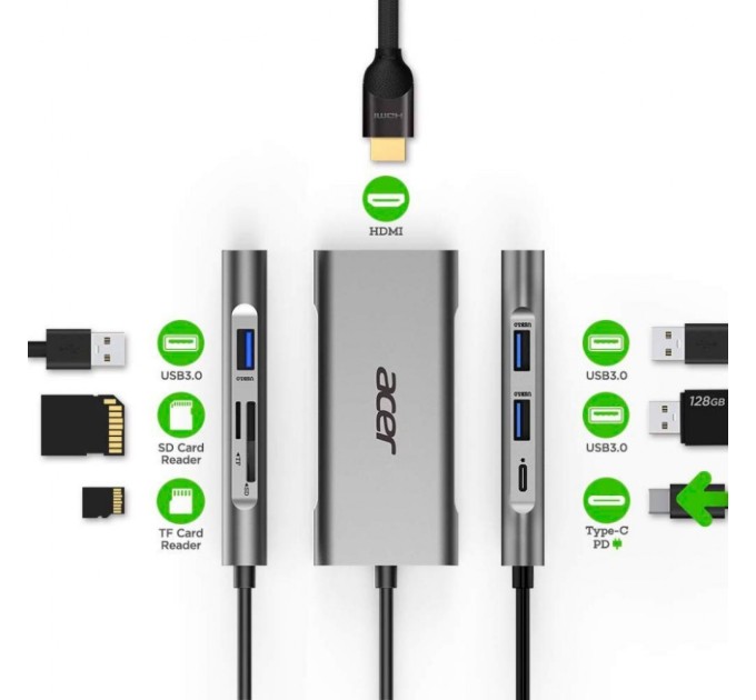 Порт-репликатор Acer 7in1 Type C dongle 1 x HDMI, 3 x USB3.2, 1 x SD/TF, 1 x PD (HP.DSCAB.008)