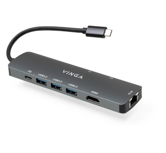 Концентратор Vinga USB-C 3.1 to HDMI+RJ45_1Gbps+3xUSB3.0+SD/TF+PD100W (VHYC8)