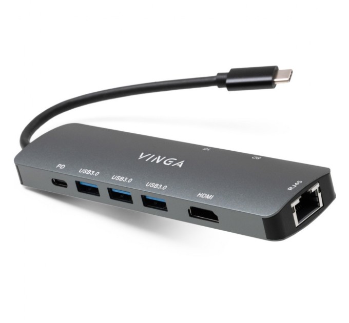 Концентратор Vinga USB-C 3.1 to HDMI+RJ45_1Gbps+3xUSB3.0+SD/TF+PD100W (VHYC8)