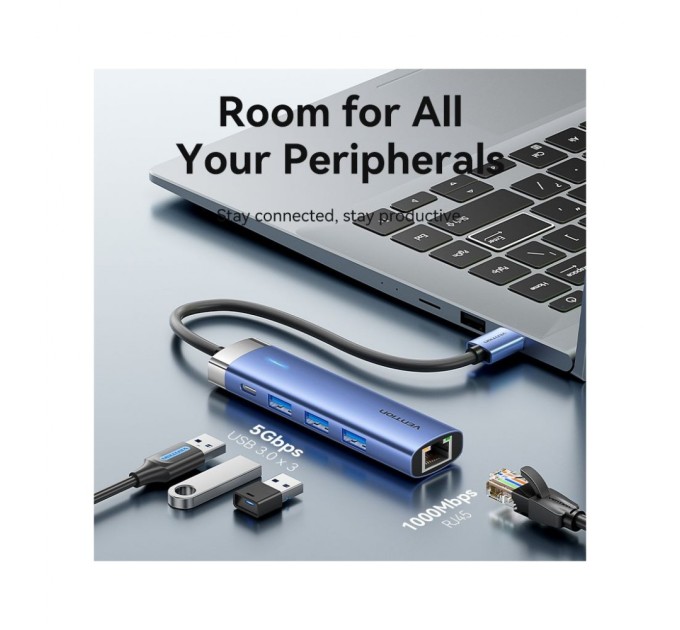 Концентратор Vention USB 3.0 to USB 3.0x3/RJ45/Type-C Hub Blue Aluminum Alloy 5-in-1 (TGFSB)