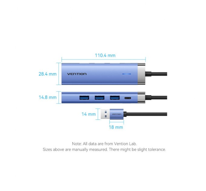 Концентратор Vention USB 3.0 to USB 3.0x3/RJ45/Type-C Hub Blue Aluminum Alloy 5-in-1 (TGFSB)