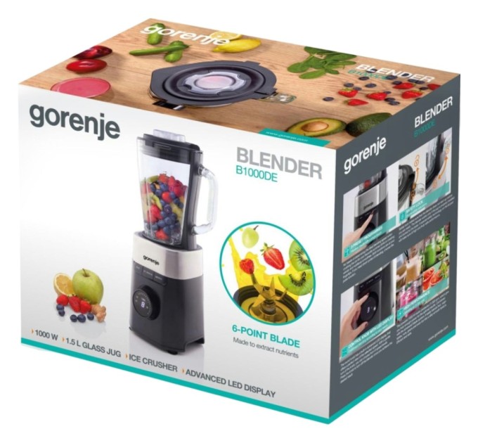 Блендер Gorenje стаціонарний 1000Вт, чаша-1500мл, скло, чорний (B1000DE)