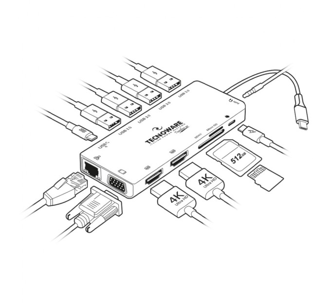 Порт-репликатор TECNOWARE Dock Station USB TYPE-C 13 in 1 Adapter HUB (FHUB17692)