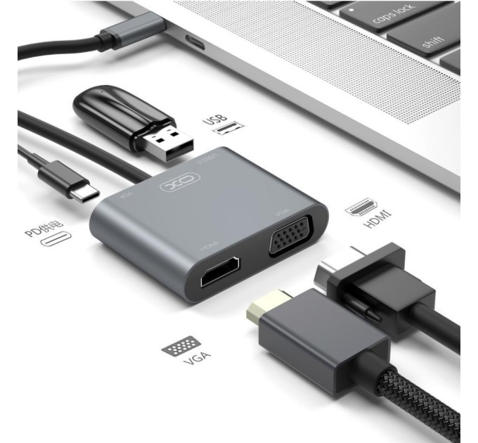 Перехідник XO 4-in-1 Dock USB-C (HDMI/VGA/USB3.0/USB-C PD) (XO-HUB001SL)