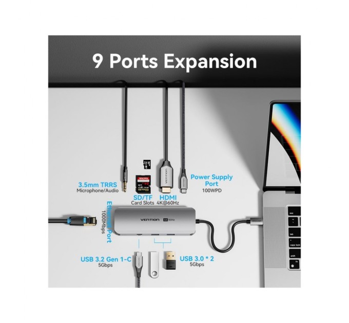 Концентратор Vention USB 3.1 Type-C to HDMI 4K60Hz/USB 3.0x2/RJ45/SD/TF/3.5mm/PD 100W Hub 9-in-1 (TQMHB)