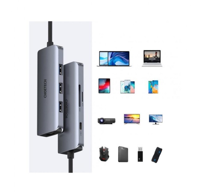 Концентратор Choetech USB-C 7-in-1 (HDMI/PD/CR/USB-A/USB-C) alum (HUB-M19-GY)