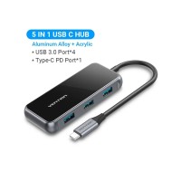 Концентратор Vention USB 3.1 Type-C to 4хUSB 3.0/PD 87W 5-in-1 Gray Mirrored Surface (TFDHB)