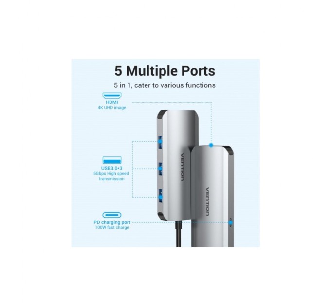 Концентратор Vention USB3.1 Type-C --> HDMI/USB 3.0x3/PD 100W Hub 5-in-1 (TODHB)