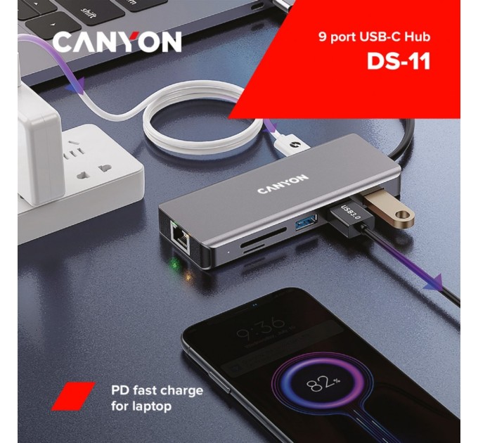 Порт-реплікатор Canyon DS-11, 9 in 1 USB-C hub, HDMI, Gigabit Ethernet, Type-C PD/100W (CNS-TDS11)