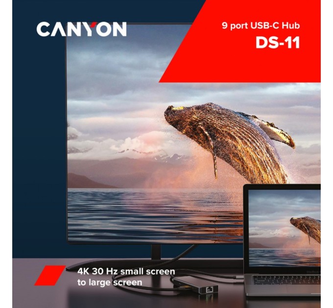 Порт-реплікатор Canyon DS-11, 9 in 1 USB-C hub, HDMI, Gigabit Ethernet, Type-C PD/100W (CNS-TDS11)