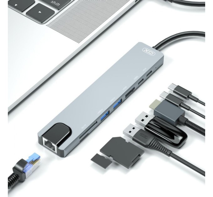 Концентратор XO 8-in-1 Dock USB-C (USB/USB-C PD/HDMI 4K/SD/TF/RJ45) (XO-HUB003SL)