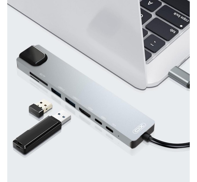 Концентратор XO 8-in-1 Dock USB-C (USB/USB-C PD/HDMI 4K/SD/TF/RJ45) (XO-HUB003SL)