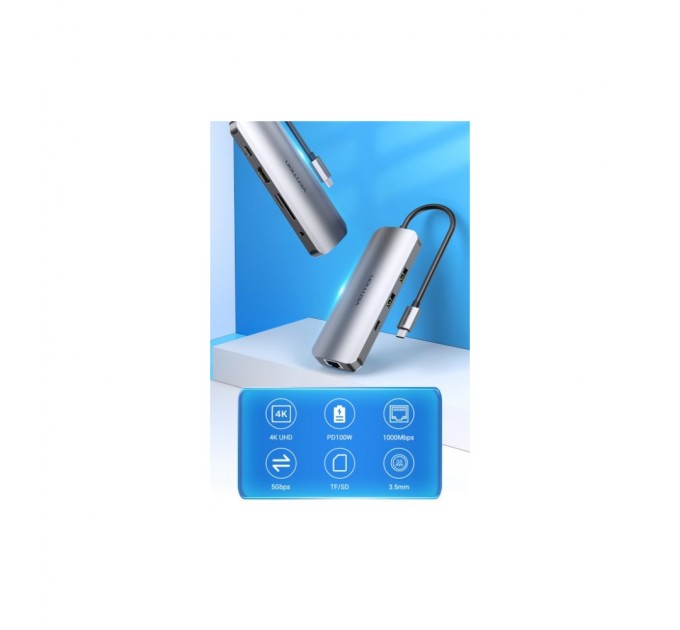 Концентратор Vention USB3.1 Type-C --> HDMI/USB 3.0x2/RJ45/USB-C/SD/TF/TRRS 3.5mm (TOMHB)