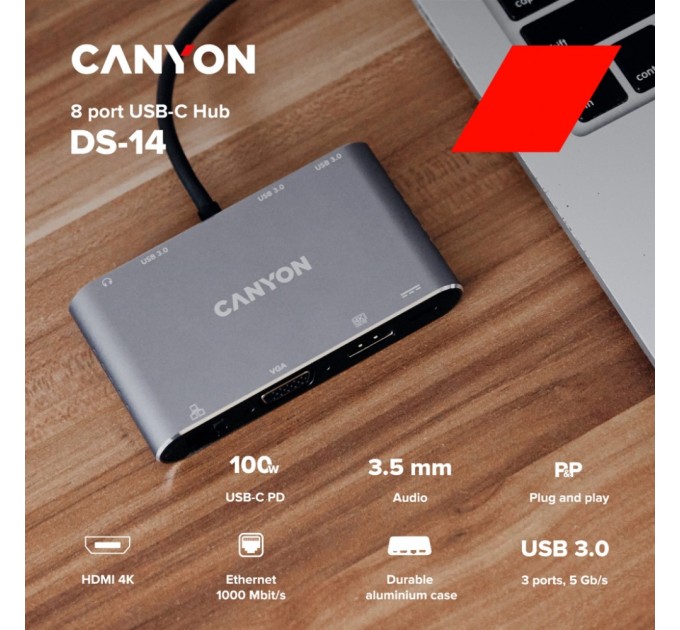 Концентратор Canyon 8-in-1 USB-C (CNS-TDS14)