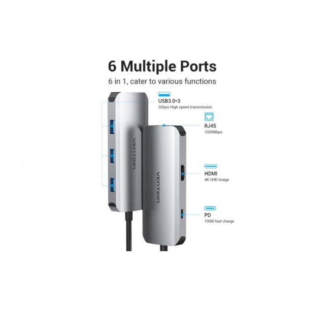 Концентратор Vention USB3.1 Type-C --> HDMI/USB 3.0x3/RJ45/PD 100W Hub 6-in-1 (TOHHB)