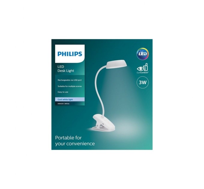 Настільна лампа Philips LED Reading Desk lamp Donutclip 3W, 4000K, 1200mAh (Lithium battery), білий (929003179727)