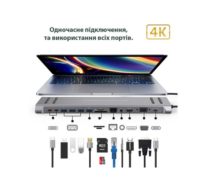 Порт-реплікатор XoKo 14-in-1 Dock USB-C (HDMI/VGA/USB3.0/.../USB-C PD/RJ45/..) (XK-AC1400-SL)