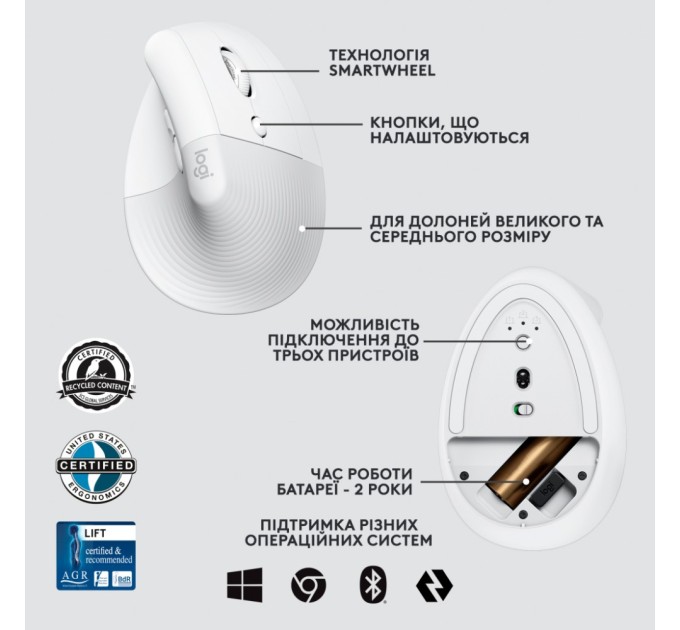 Мишка Logitech Lift Vertical Ergonomic Wireless/Bluetooth for Business Off-white (910-006496)