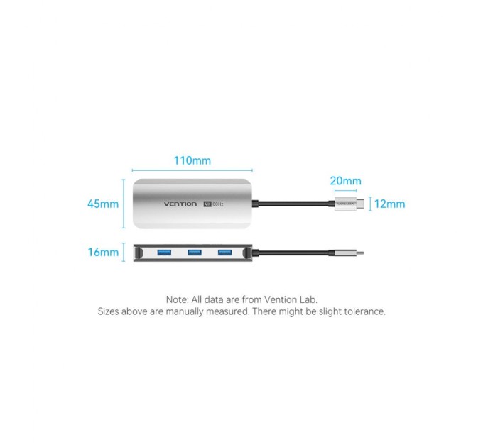 Концентратор Vention USB 3.1 Type-C to HDMI 4K60Hz/USB 3.0x3/RJ45/PD 100W 6-in-1 (TQHHB)