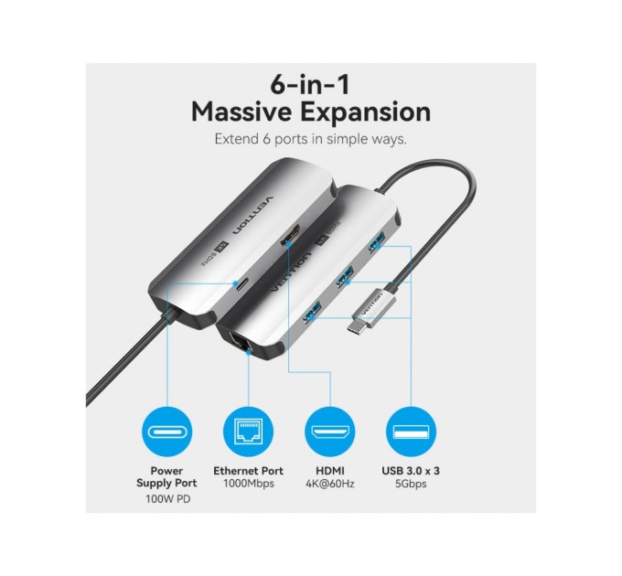 Концентратор Vention USB 3.1 Type-C to HDMI 4K60Hz/USB 3.0x3/RJ45/PD 100W 6-in-1 (TQHHB)