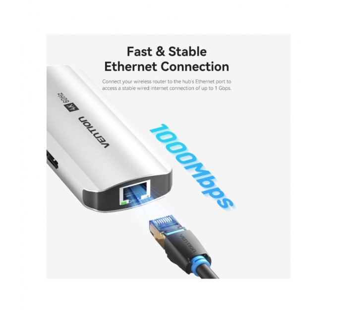 Концентратор Vention USB 3.1 Type-C to HDMI 4K60Hz/USB 3.0x3/RJ45/PD 100W 6-in-1 (TQHHB)