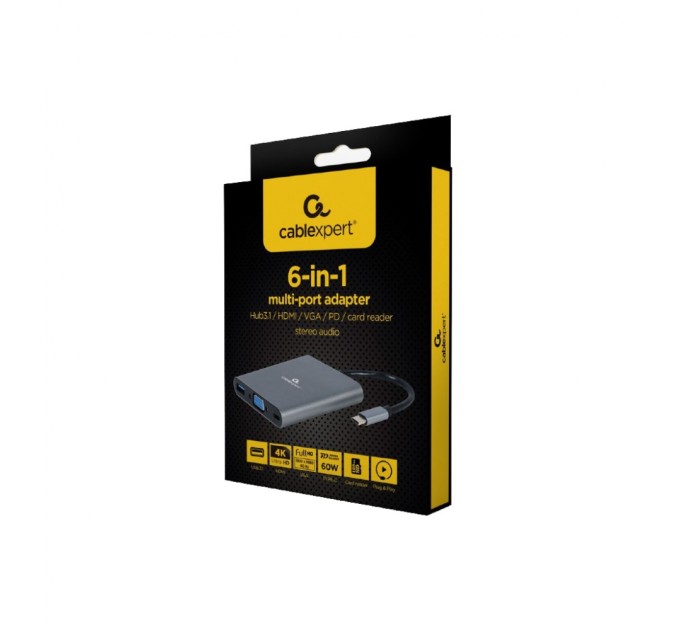 Концентратор Cablexpert USB-C 6-in-1 (Hub3.1/HDMI/VGA/PD/card-reader/audio) (A-CM-COMBO6-01)