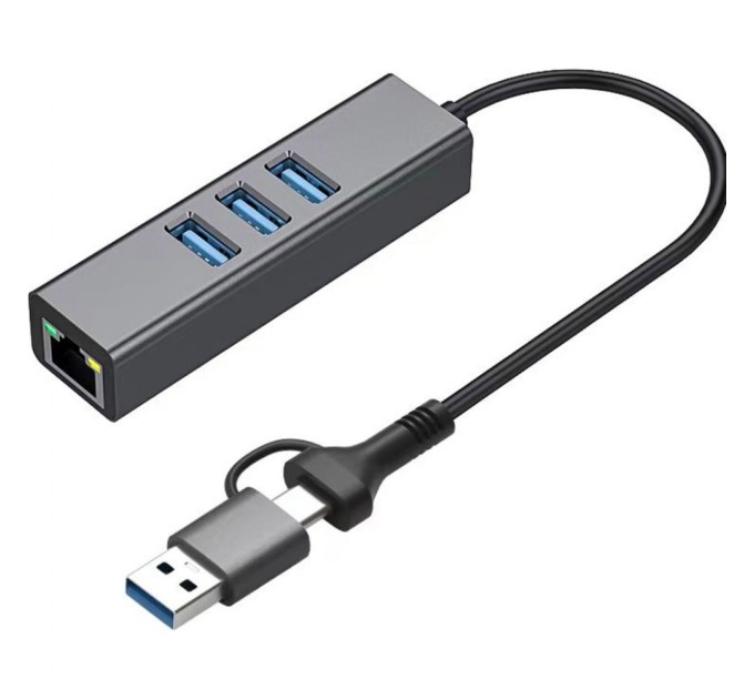 Концентратор USB 3.0 Type-C/Type-A to RJ45 Gigabit Lan, 3*USB 3.0, cable 13 cm Dynamode (DM-AD-GLAN-U3)