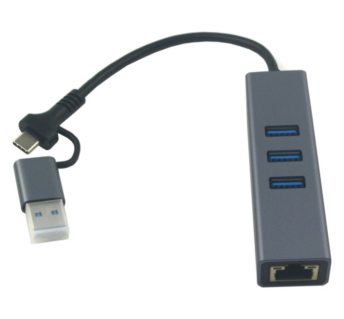 Концентратор USB 3.0 Type-C/Type-A to RJ45 Gigabit Lan, 3*USB 3.0, cable 13 cm Dynamode (DM-AD-GLAN-U3)