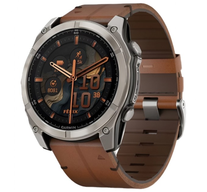 Смарт-годинник Garmin fenix 8 51mm,AMOLED,Sapphire, Bare Ti, Blk/Chsnt Lthr (010-02905-40)