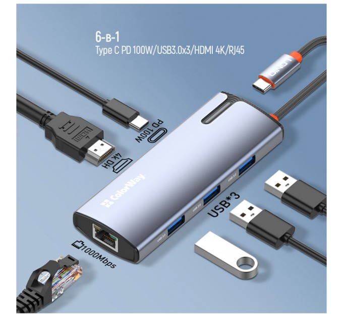 Порт-реплікатор ColorWay Docking Station USB-C 6-в-1 Type C PD 100W/USB3.0х3/HDMI 4К/RJ45 (CW-HUB02)