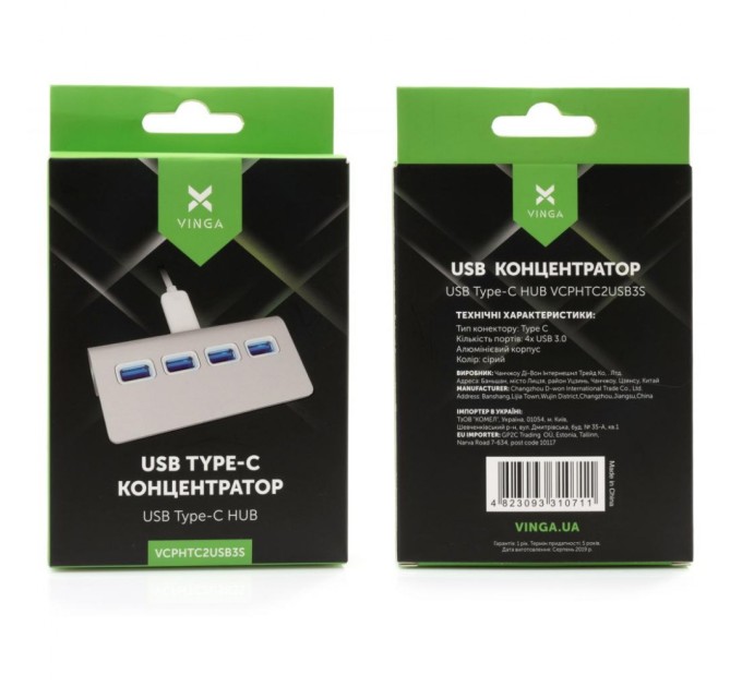 Концентратор Vinga Type-C to 4*USB3.0 aluminium (VCPHTC2USB3S)