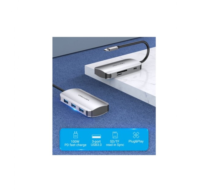 Концентратор Vention USB3.1 Type-C --> USB 3.0x3/SD/TF/PD 100W Hub 6-in-1 (TNHHB)