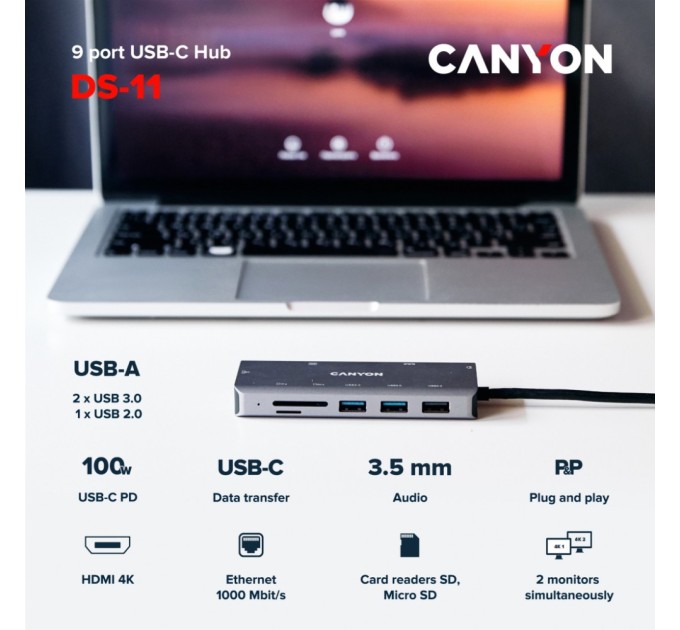 Порт-реплікатор Canyon DS-11, 9 in 1 USB-C hub, HDMI, Gigabit Ethernet, Type-C PD/100W (CNS-TDS11)