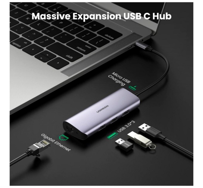 Концентратор Ugreen USB3.0 Type-C to USB 3.0x3/RJ45/ CM236 (60718)