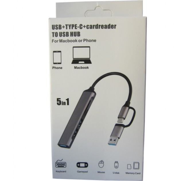 Концентратор Dynamode 5-in-1 USB Type-C/Type-A to 1хUSB3.0, 2xUSB 2.0, card-reader SD/MicroSD (DM-UH-518)
